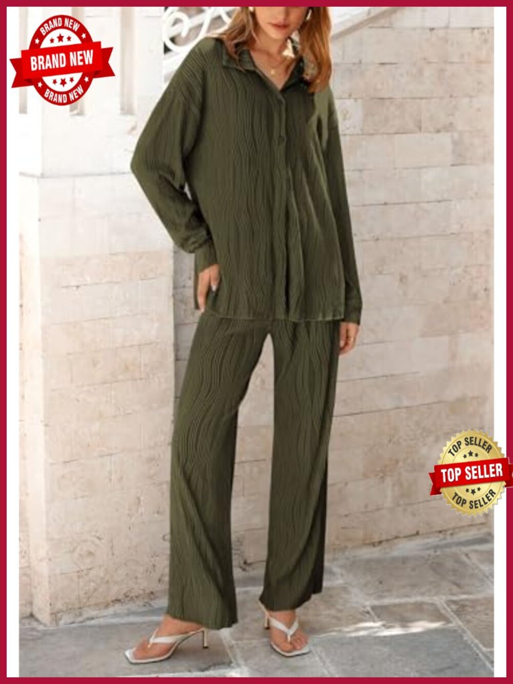 2-Piece Lounge Set, Button Down Long Sleeve Shirt with Wide Leg Pants, High - Picture 2 of 6